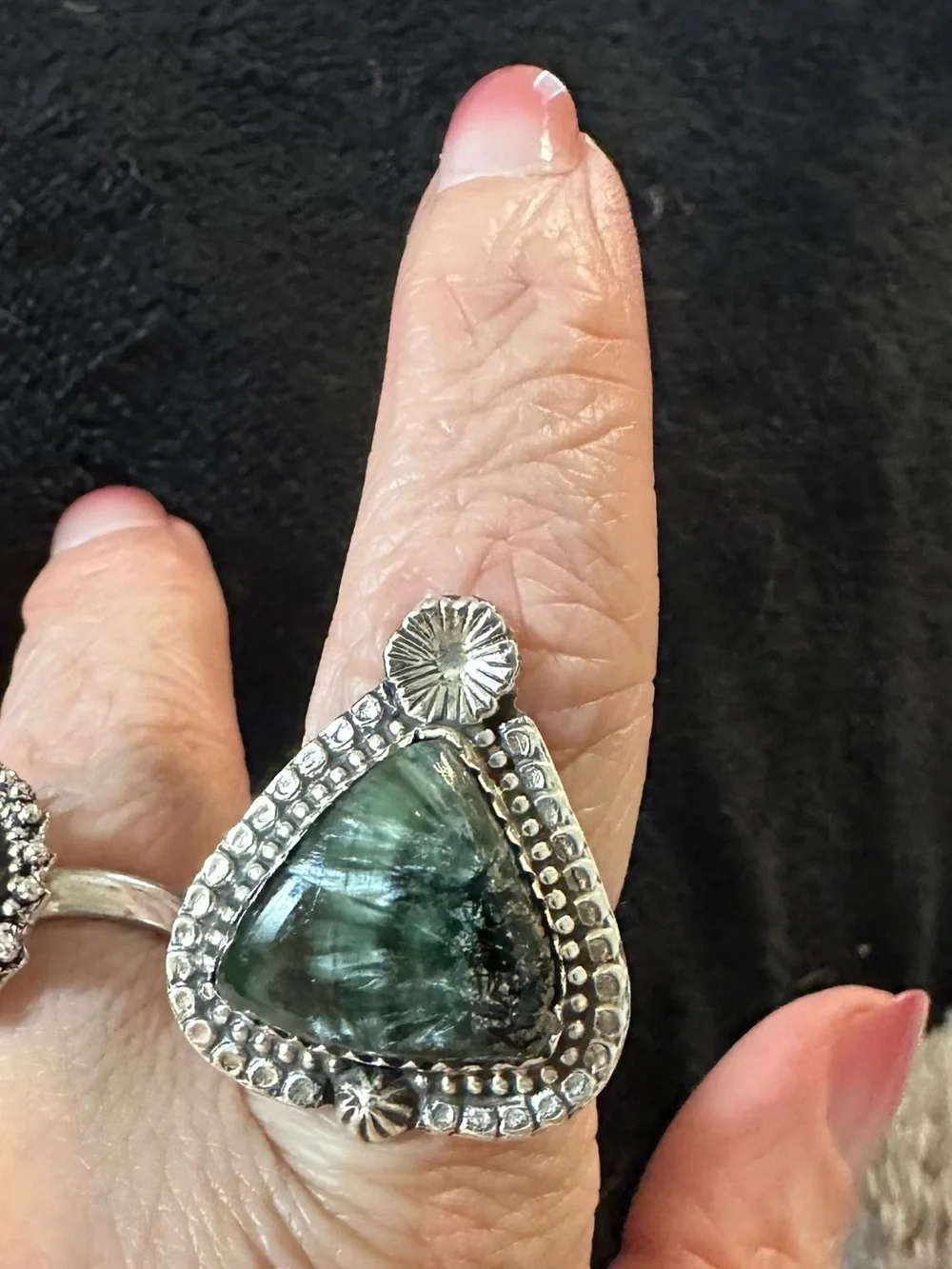 JBH Sterling Silver 925 Seraphinite Ring Statement Boho Green Stone Sz 7